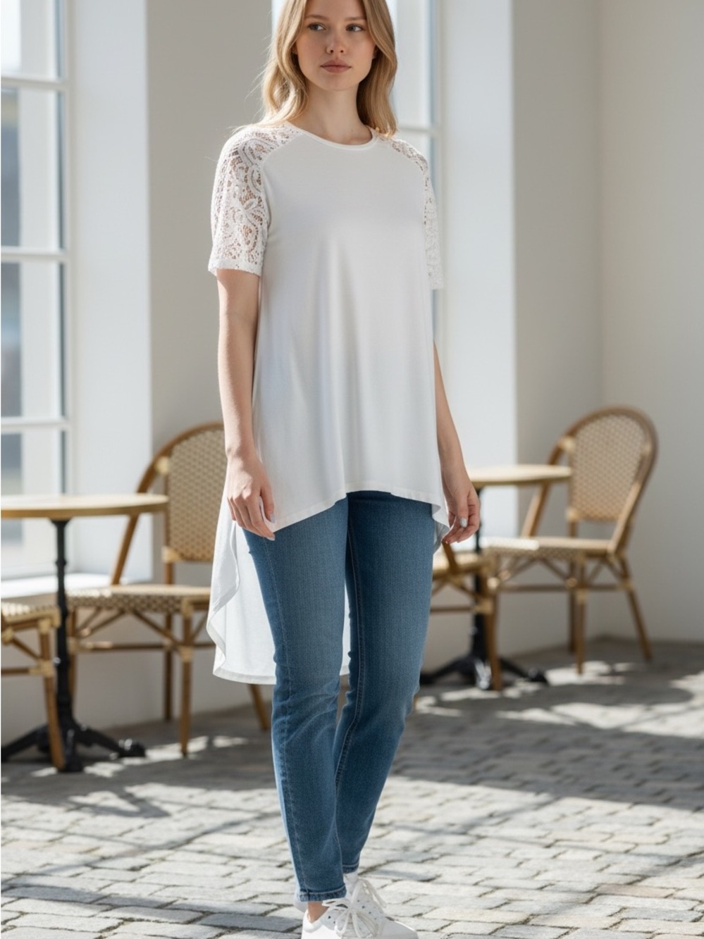 Zenana Outfitters White Lace Shoulder Tunic - Picture 6 of 7